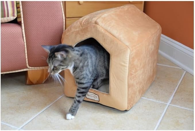 Maykoosh Cat Bed House Shape Velvet Soft Plush Cozy Pet Bed Beige & Brown