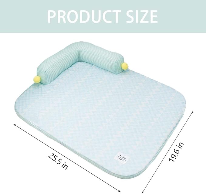 All-Season Ice Fabric Cat Bed with Cushioned Pillow/Play Ball/Washable Mat for Cats, Kittens & Small Pets（Green, Large-25"x19"x4"