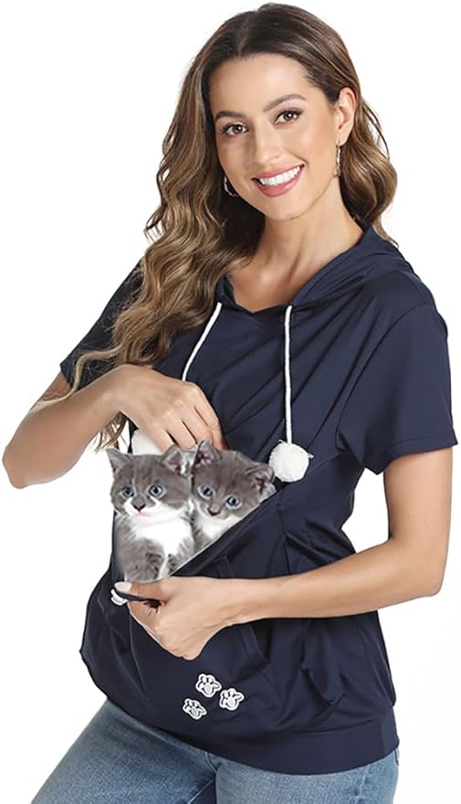 Women Big Pouch Shirt Pet Holder Pocket Top Short Sleeve Solid Color T-Shirt