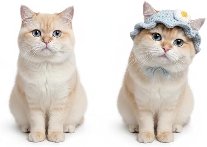 Cute Cat Hat with Flower Design - Soft Knitted Pet Costume for Medium Cats | Lightweight Polyester, Adorable Styling for Photoshoots, Birthday & Daily Dress Up (Light Blue)