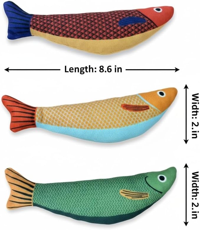 Cat Toy Saury Fish, 3-Pack (Green, Yellow, Orange), Catnip & Bell Sound, Soft & Durable, Interactive Kitten Toy for Indoor Cat Exercise, 8.7 Inches, Suitable for All Cat Breeds