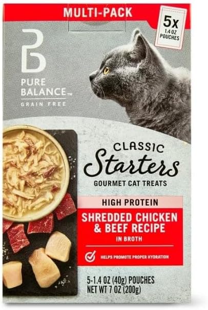 Pure Balance Classic Starters Gourmet Cat Treats, Shredded Chicken & Beef in Broth, High Protein, Soft Treats ~ 5 Pouches of 1.4 Oz ~ Inside, Wet Cat Treat Adult Cats ~ (4 Box).