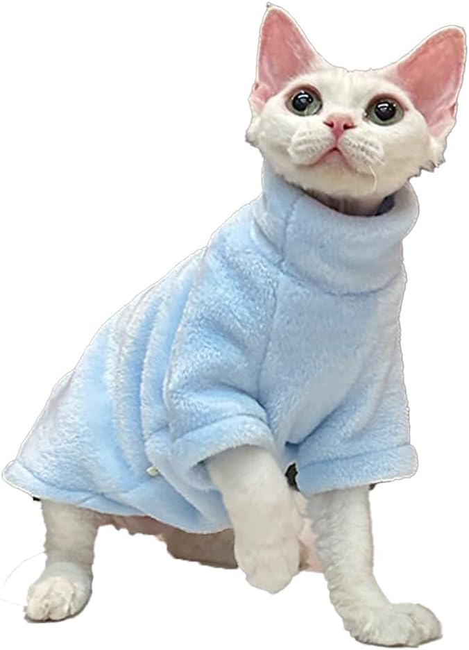 Sphynx Cat Clothes Winter Turtleneck Soft Coral Fleece Cat Clothes Thicken Warm Pajamas Coat for Hairless Cats and Small Cat Apparel with Sleeves (Light Blue, XXL（12.7-16lbs）)