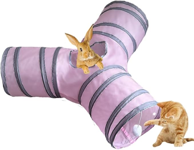 Cat Tunnel Tube Toy Collapsible 3 Way Pink Grey, Pet Tunnels for Indoor Cats, Play Tubes with Hanging Ball Perfect for Kitten, Puppy, Rabbit, Interactive Toys for Fun Playtime & Exercise