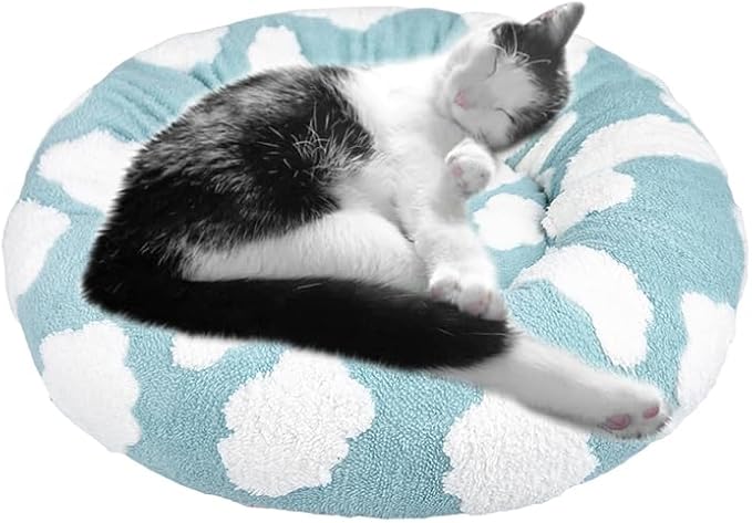 Whiskers & Friends Cat Beds for Indoor Cats, Fluffy Calming Donut Cat Bed, Small Dog Bed Washable - Orthopedic Soft Plush Pet Beds Sized for Kitten to Large Cats & Puppy to Small Dogs - Blue White