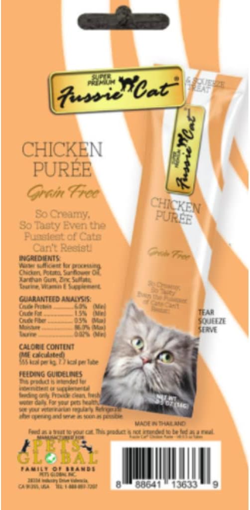 Fussie Cat Puree Grain Free Treat in 6 Flavors: Tuna/Prawns, Chicken/Duck, Chicken, Tuna/Salmon, Tuna/Ocean Fish, and Tuna/Shrimp (6 Four-Tube Packs, 24 Tubes Total, 0.5 Ounce/Tube) Plus Silicone Lid