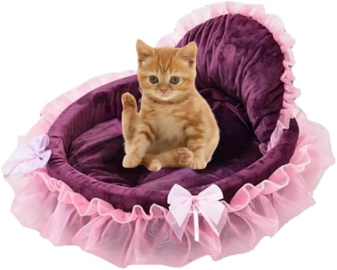 Cute Cat Bed Heart-Shaped Cat Nest Lace Lace Princess Nest Cotton Velvet Warm Soft Cat Sofa Bed Suitable for Cats and Dogs to Spend The Warm Winter (L,Purple)