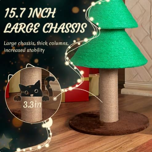 VINGLI 31.5in Christmas Tree Cat Scratcher, Green Cat Scratching Post for Indoor Cats, Large Sisal Cat Scratching Tree Tower with Soft Fleece Base, Stable Cat Tree for Kittens & Adult Cats