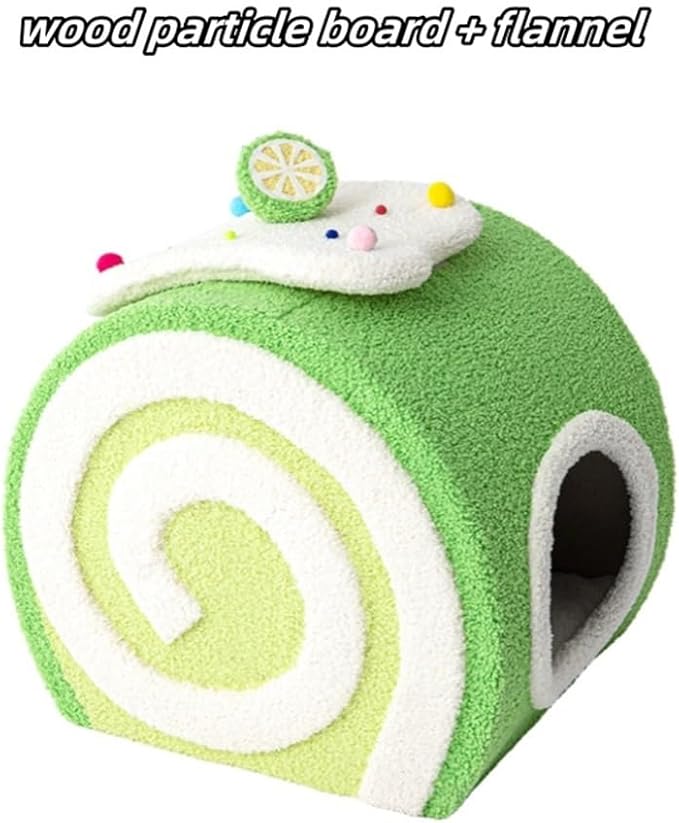 Creative Cat Cave Bed, Lovely Cake Roll Cats House for Indoor Cats, Small Pet Bed, Cute Cat Furniture for All Seasons, No Assembly Needed(Green)