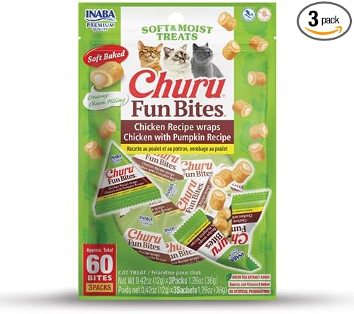 INABA Churu Fun Bites for Cats, Soft & Chewy Baked Chicken Wrapped Filled Cat Treats with Taurine, 0.42 Ounces Each Tetra, 3 Tetras, Chicken with Pumpkin Recipe