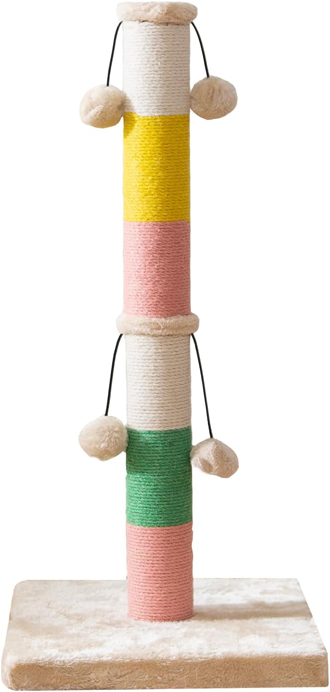 30 Inch High Cat Scratching Post with 4 Plush Teasing Toy Balls, Natural Sisal Rope Post and Thickened Base, Red Green Yellow White