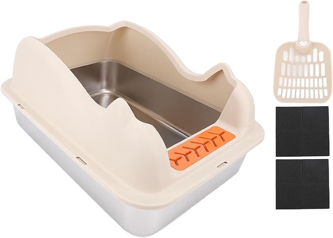 Large Stainless Steel Cat Litter Box with Lid | Easy to Clean, Anti Splash Design, High Sides for Less Mess (Khaki)