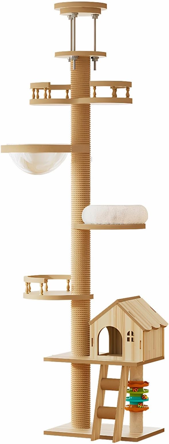 Floor to Ceiling Cat Tree, Cat Tower with Scratching Post, Adjustable Height(98-110 Inch), Large Wood Condo Cave Bed and Hammock, Modern Cat Activity Tree (98-110 Inch)