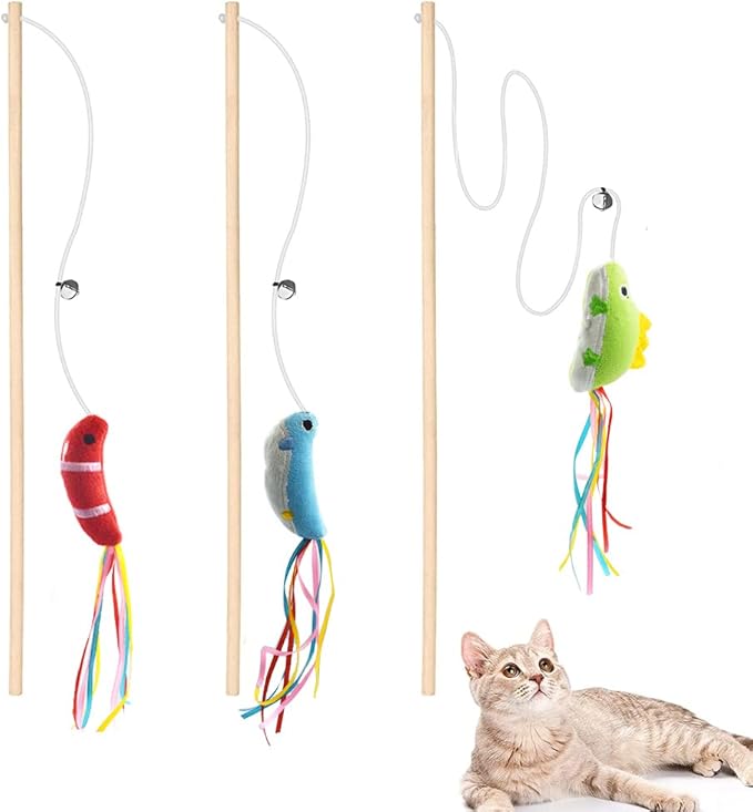 Cat Wand, 3 PCS Interactive Kitten Toys Wooden Handle Kitten Teaser Toys with Cute Fish Tail Sturdy Cat Sticks