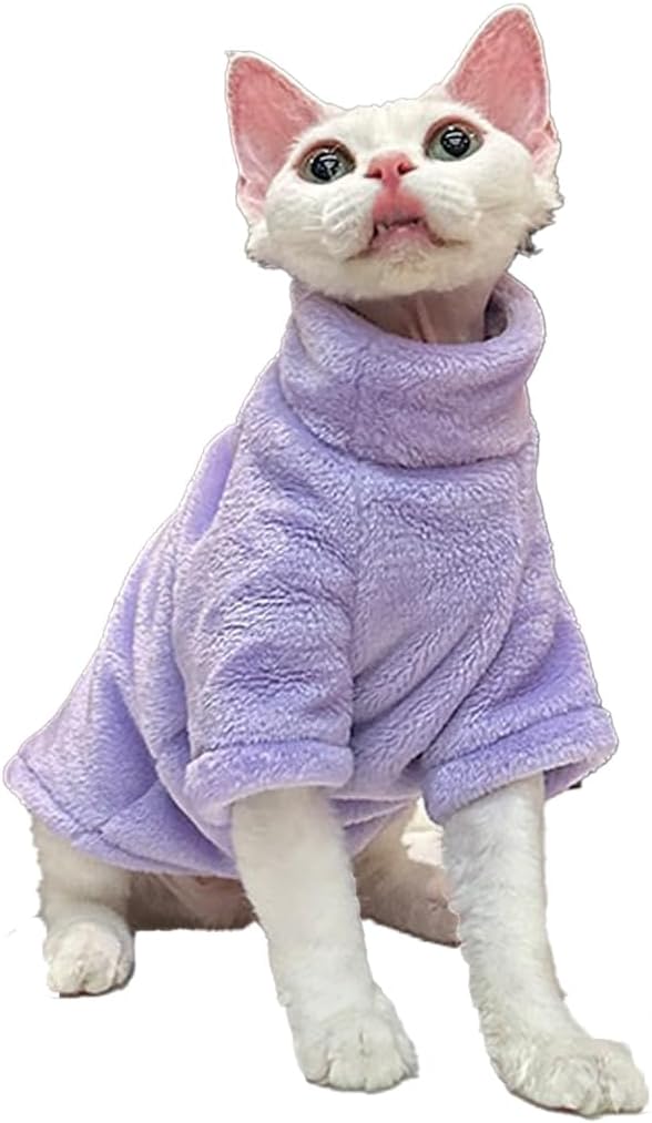 Sphynx Cat Clothes Winter Turtleneck Soft Coral Fleece Cat Clothes Thicken Warm Pajamas Coat for Hairless Cats and Small Cat Apparel with Sleeves (Taro Purple, M（3.8-6lbs）)