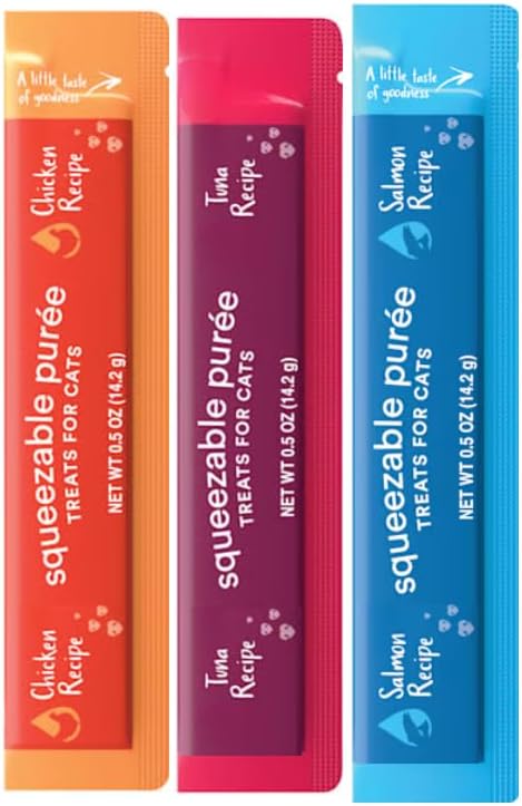 Squeezable Puree Cat Treats Variety Pack – 3 Tubes Total – Chicken, Tuna, Salmon – Lickable, High Protein, Grain-Free (3, Variety Pack)