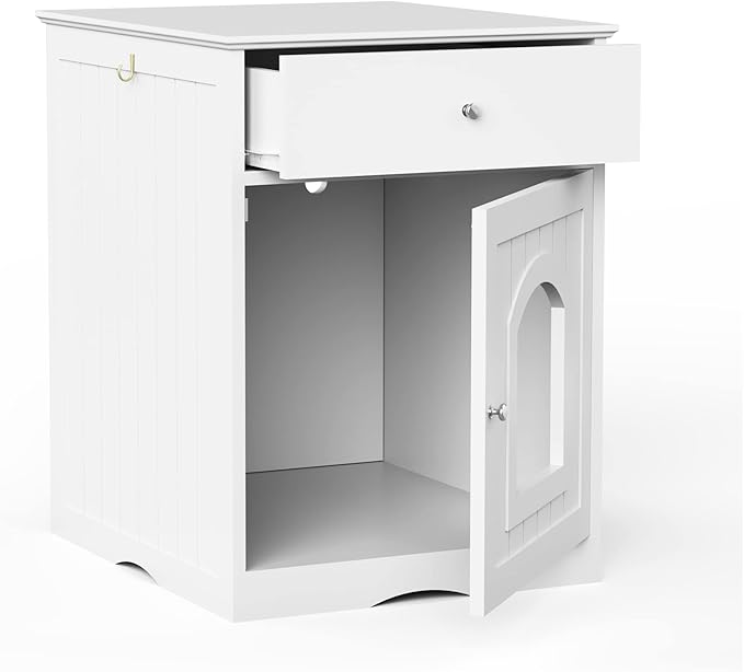 Wooden Cat Litter Box Cabinet with Drawer Hidden Pet House, Sofa Side Table, Indoor Pet Cage Storage Cabinet, Cat Hidden Cave Furniture for Living Room, Bedroom (White, 25 inches)