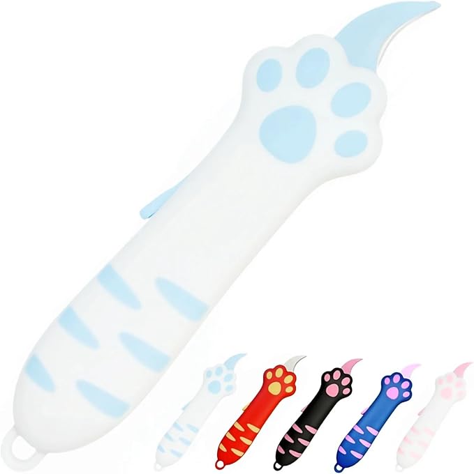 Cat Paw Box Cutter, 2026 New Retractable Cat Claw Knife Cute Cat Box Paper Cutter，Portable Cat Retractable Knife (Blue)