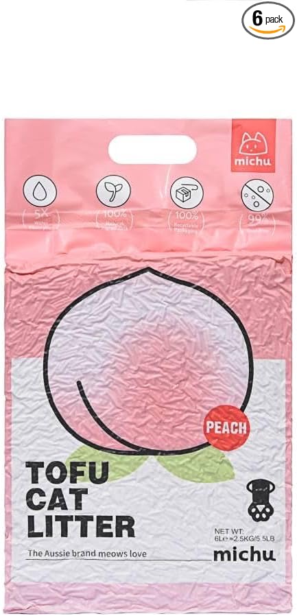 Michu Tofu Cat Litter Natural Clumping Tofu Cat Litter, Fast Clumping and Easily Scoop-able 5.5lb/88oz 5 Scents - Peach, 6 Pack