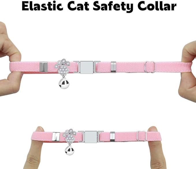 Personalized Safety Elastic Cat Collars with Bell,Laser Customized Stretch Kitten Collars for Girls Boys Cats-Pink