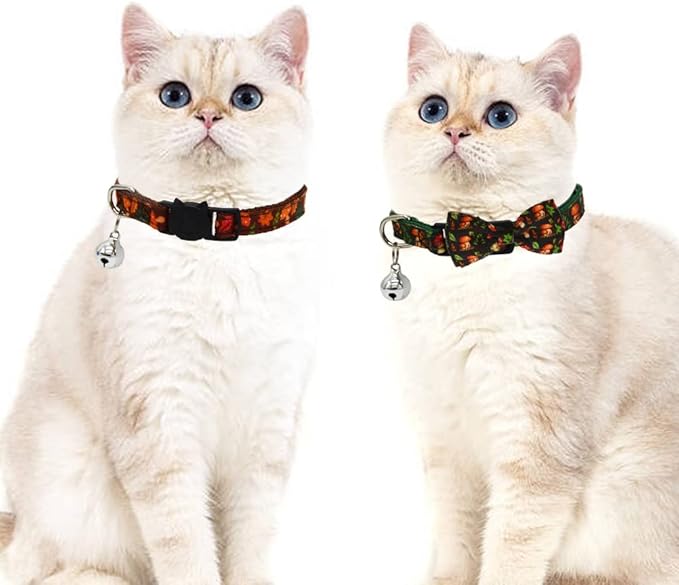 2 Pack Breakaway Cat Collar with Removable Bowtie and Bell Forest Style Safe Adjustable Mushroom Pattern Kitten Collars Green and Brown
