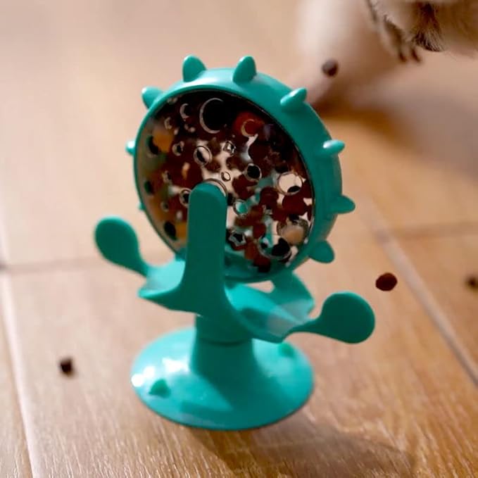Interactive Cat Food Treats Dispenser Toy for Indoor Cats, 360° Rotating Windmill Suction Cup Toys for Small Pet, Puzzle Original Slow Dog Feeder Snack Distribution & Exercise Wheel Toy (Lake Blue)