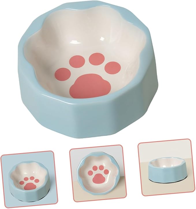 Luxshiny Tilted Ceramic Pet Bowl with Blue Animal Paw Print, Small Slanted Cat and Dog Food Dish for Indoor Feeding and Watering Supplies