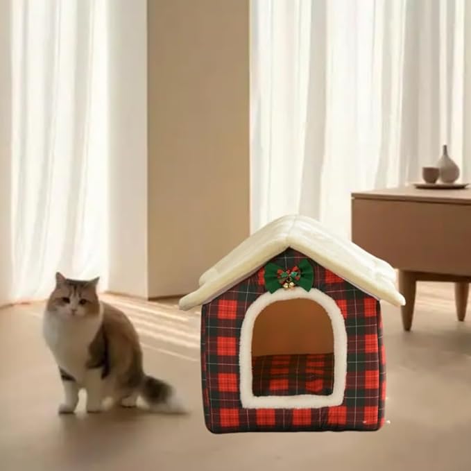 Cat Bed Cave, Cute Christmas Plaid Cat Beds for Indoor Cats, Pet House Cats Tent with Removable Cushion Pillow for Kittens Puppy Small Dogs (Plaid-S(15.7x12.6x13.7in))