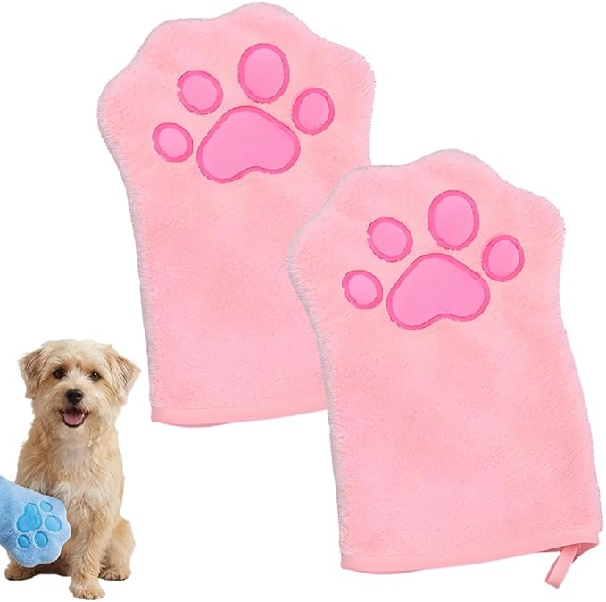 SENOY Paw Bathing Towel for Cats, Washable Reusable Coral Fleece Pet Drying Glove, Quick-Absorbent Cat Bathing Supplies with Hanging Loop, Soft Grooming Towel for Dogs & Cats (Pink-2pcs)