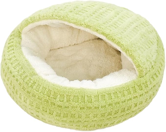 Plush Cat Bed Hooded Semi Enclosed Shell Shaped Pet Nest Cozy Warming Anti-Slip Small Dog Bed for Puppy and Kitten (Green, Large)