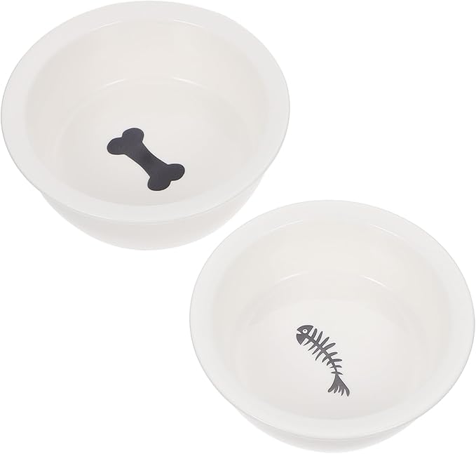 Gadpiparty 2Pcs Ceramic Pet Bowls Set for Dogs and Cats, Puppy Feeder and Cat Drinking Bowl, Bone and Fishbone Design, Suitable for Small Pets Feeding and Watering