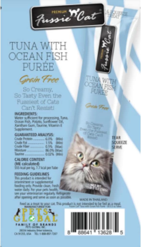 Fussie Cat Puree Grain Free Lickable Treat in 2 Flavors: (2) Tuna with Salmon and (2) Tuna with Ocean Fish (4 Four-Tube Packs, 16 Tubes Total, 0.5 Ounce per Tube) Plus Shaynanigans Silicone Lid
