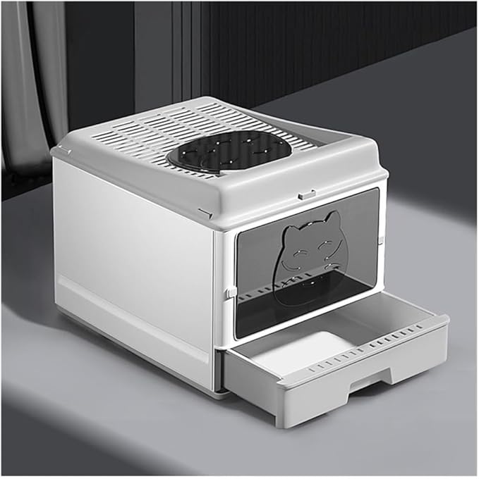 Pet Supplies, Semi-Enclosed Plastic Cat Litter Box with Scoop (Gray)
