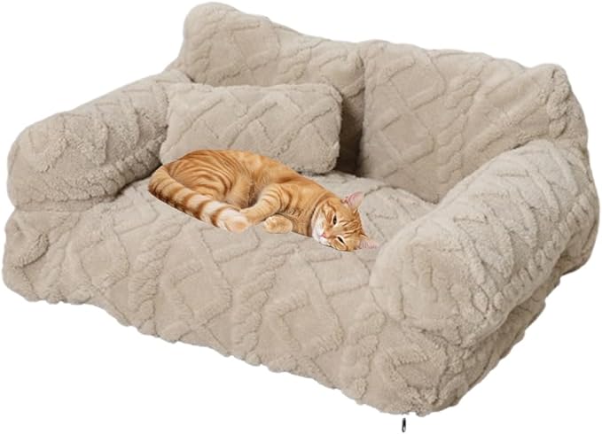 Plush Calming Pet Sofa Bed, Soft Cat Dog Couch with Removable Cover, Large Kennel Cat Sleeping Sofa Chair Furniture, Non-Slip Bottom for Supplies Cats Dogs(Beige,Large)