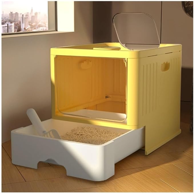 Pet Supplies, Large Enclosed Cat Litter Box with Lid, Top Entry Drawer Design & Scoop(Yellow)