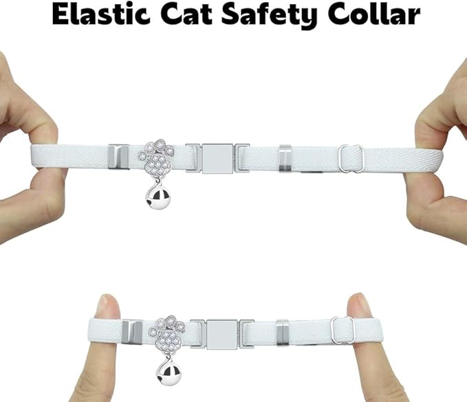 Personalized Safety Elastic Cat Collars with Bell,Laser Customized Stretch Kitten Collars for Girls Boys Cats-White