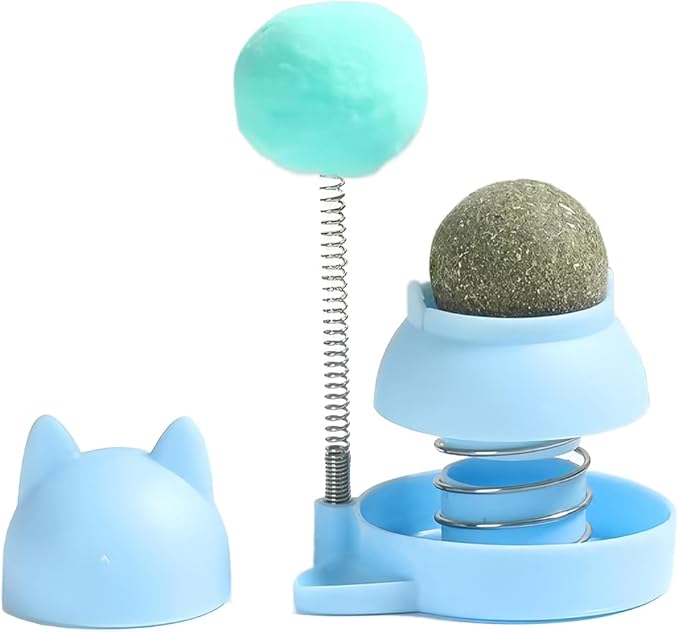 Blue Cat Nip Ball with Spring Ball, Catnip Balls Wall Snack Teeth Washing Healthy Rotatable Treats Toys, Kitten Playing Toy for Indoor, Cats Soothing Catnip