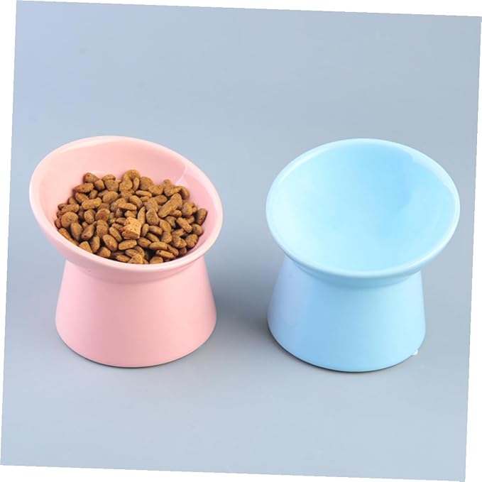 FRCOLOR Ceramic Raised Pet Food Bowl with Slanted Edge for Neck Protection, Pink Cat and Dog Feeder Bowl Suitable for Cats and Small Dogs in Feeding Watering Supplies