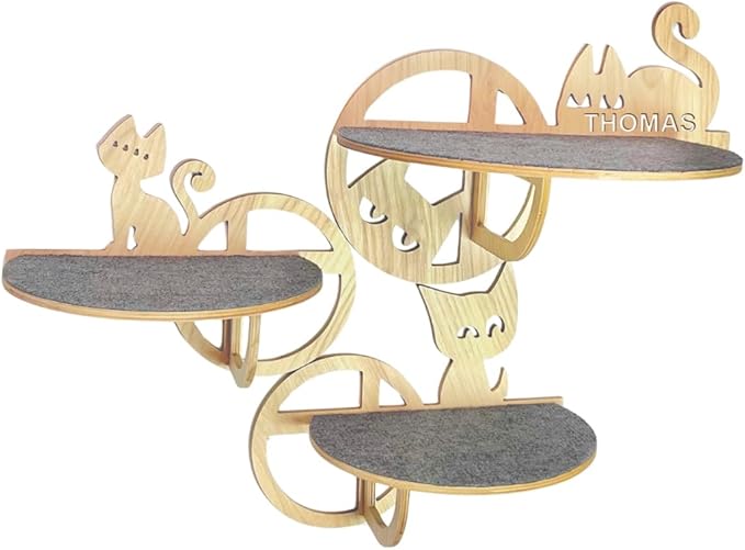 Personalized Wood Cat Shelf Set 3, 3 Bubbles Shelves Wall Mounted, Custom Cat Name Wood Cat Shape Shelves Toy, Wooden Furniture Perch for Sleeping Playing Scratching