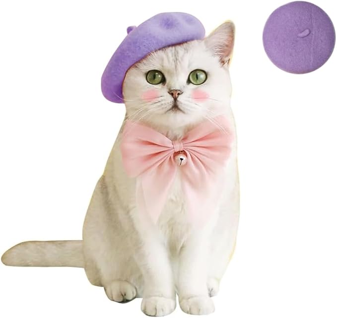 Dog Beret Hats for Cats and Dogs Fashion Four Seasons Funny Wool Winter Pet Hat Light Purple 5.11 * 1.18 Inches