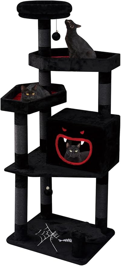 YARUOMY Gothic Cat Tree with Coffin Bed，62.5" Black Cat Tower with Spacious Demon Styled Cat Condo，Cozy Plush Perch, Scratching Posts，Hanging Ball，Multi-Level Cat Activities Furniture for Large Cats