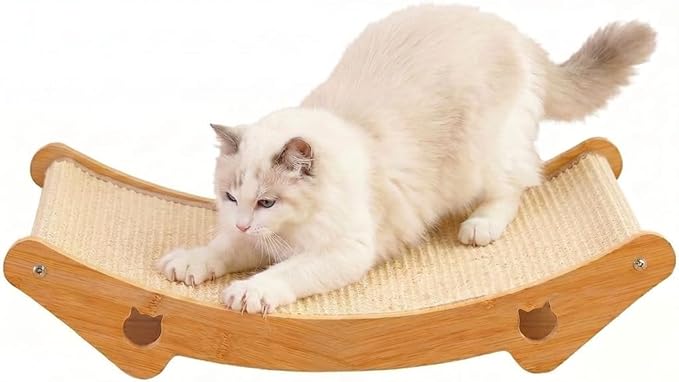 Sisal Cat Scratcher Bed, 3-in-1 Natural Sisal Scratching Board & Hammock, Solid Wood Frame, Ergonomic 150° Curve, No Cardboard Dust, for Indoor Cats up to 20 lbs