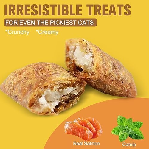Soft & Crunchy Cat Treats with Real Salmon & Catnip, Dual Texture Cream-Filled Cat Snacks for Cats & Kittens, Training Rewards & Dental Support