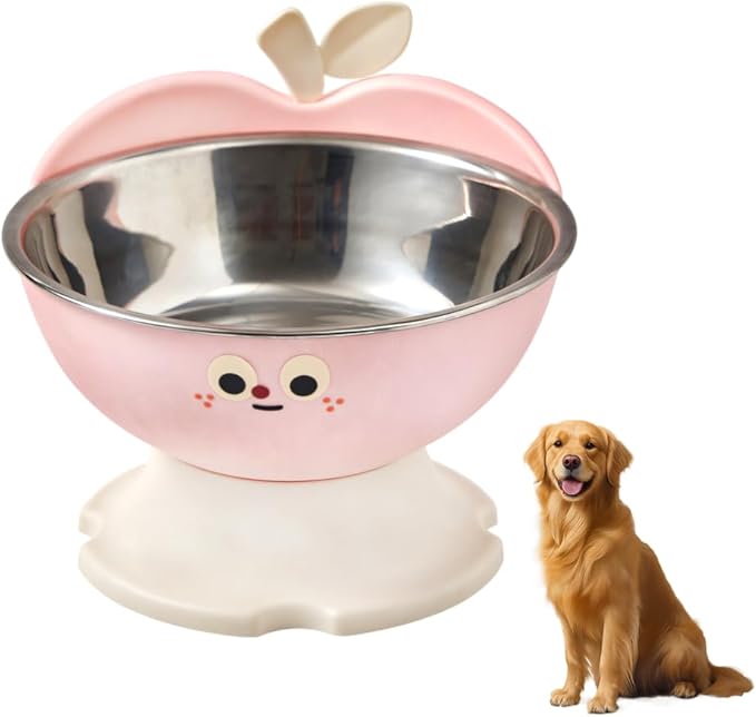 Elevated Cat Dog Bowl Apple Shape, Non Slip Pet Feeder with Stainless Steel Inner, Anti Vomiting Neck Protection for Small Medium Pets
