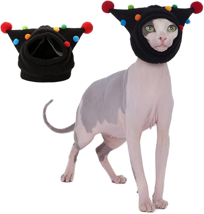 Fleece Funny Cat Hats with Pom-Poms, Adjustable Straps, Halloween Costume, Headwear for Cats' Birthdays (Black, M(Face Circle 9-10''))