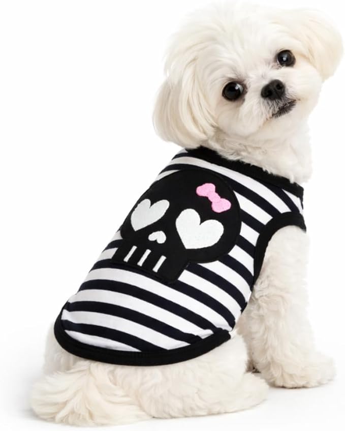 Petitebella Black Skull Face Puppy Dog Shirt (Stripes, Medium)