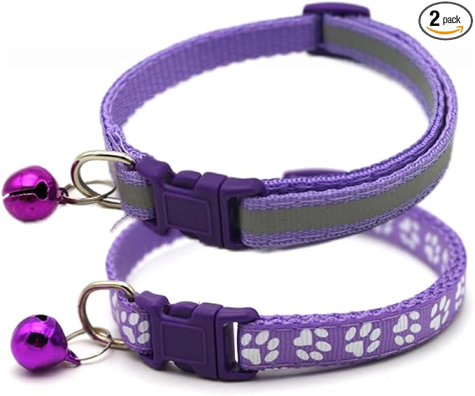 Purple Small Dog Collar with Bell, 2-Pack Basic & Reflective Girl Puppy Collar with Bells for XXS Xs Small Pet Female Dogs Tiny Cats, S