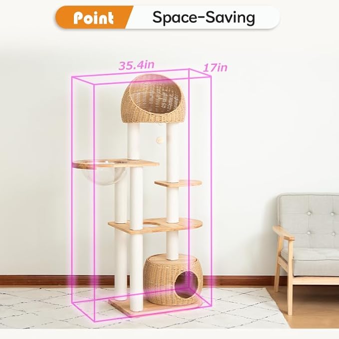 Wood Cat Tree for Large Cats, Modern Indoor Cat Tower with Basket Beds, Cat Condo & Clear Hammock, Multi-Level Wooden Cat Furniture for Home Living Room Decor (Particle Wood)