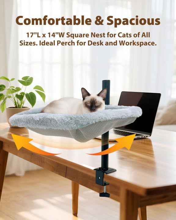 L&W BROS. Cat Desk Bed – Supports Up to 45lb, Clamp-On Hammock with 360° Rotating Arm, Adjustable Height Perch, Heavy Duty Metal Frame, Dual-Sided Washable Cover
