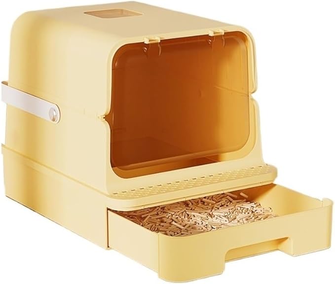Pet Supplies, Enclosed Cat Litter Box with Top Exit & Handle,Large Hooded Tray(Yellow)